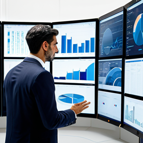 **A highly professional Spanish media planner, fully clothed in a modest business suit, intently analyzing complex digital data visualizations on multiple large screens within a sleek, contemporary office environment. The scene showcases clean lines and modern architecture, subtly hinting at a Spanish city skyline through a large window. The individual is in a natural, thoughtful pose, with well-formed hands interacting with a high-tech interface. perfect anatomy, correct proportions, natural body proportions, professional photography, high quality, safe for work, appropriate content, fully clothed, professional, family-friendly.**