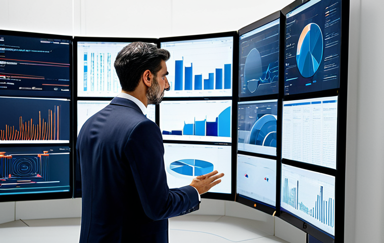 **A highly professional Spanish media planner, fully clothed in a modest business suit, intently analyzing complex digital data visualizations on multiple large screens within a sleek, contemporary office environment. The scene showcases clean lines and modern architecture, subtly hinting at a Spanish city skyline through a large window. The individual is in a natural, thoughtful pose, with well-formed hands interacting with a high-tech interface. perfect anatomy, correct proportions, natural body proportions, professional photography, high quality, safe for work, appropriate content, fully clothed, professional, family-friendly.**