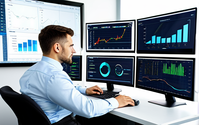 A focused professional media planner, fully clothed in a modest business suit, seated at a desk in a sleek, modern office. They are looking intently at multiple large screens displaying complex digital analytics dashboards with charts, graphs, and metrics like CPA, CPM, and CTR. The overall scene conveys strategic data analysis and deep understanding. The lighting is bright and professional, creating a productive atmosphere. safe for work, appropriate content, fully clothed, professional dress, perfect anatomy, correct proportions, natural pose, well-formed hands, proper finger count, natural body proportions, high-quality professional photography.