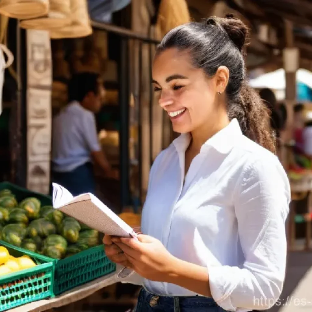 미디어 플래너의 지역 광고 시장 분석 - **Vibrant Local Market Scene:** A young, energetic female entrepreneur, around 28-35 years old, with...