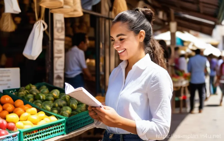 미디어 플래너의 지역 광고 시장 분석 - **Vibrant Local Market Scene:** A young, energetic female entrepreneur, around 28-35 years old, with...