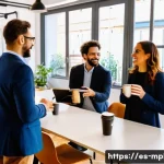 Home 21 미디어 플래너의 네트워킹 방법 - A vibrant professional networking event in a modern Madrid co-working space, featuring diverse marke...