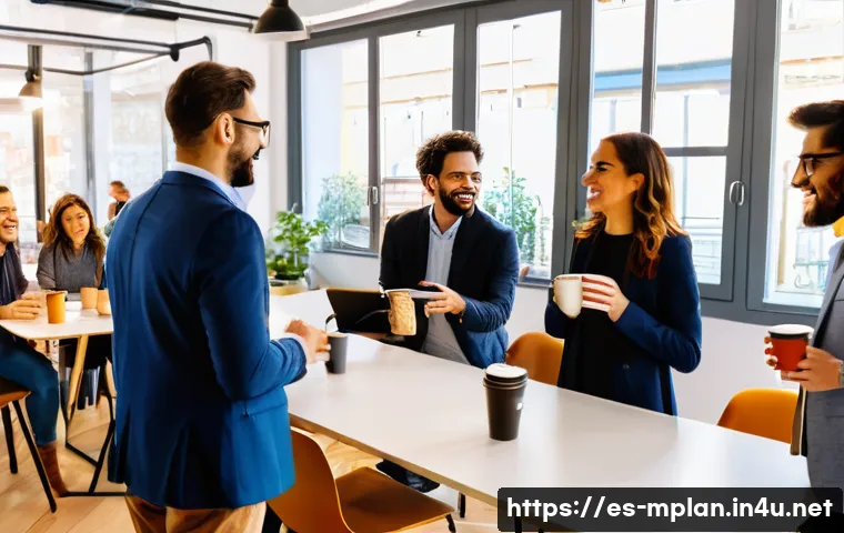 미디어 플래너의 네트워킹 방법 - A vibrant professional networking event in a modern Madrid co-working space, featuring diverse marke...