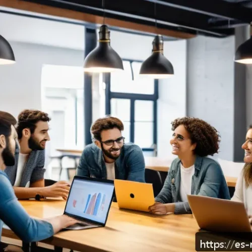Home 17 미디어 플래너와 타겟 마케팅 기법 - A diverse group of young Spanish professionals in a modern co-working space, engaging in a lively di...