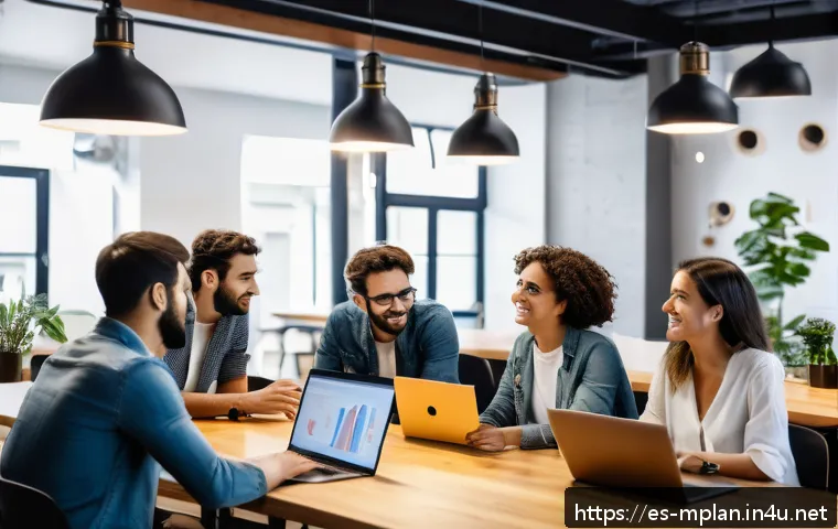 미디어 플래너와 타겟 마케팅 기법 - A diverse group of young Spanish professionals in a modern co-working space, engaging in a lively di...